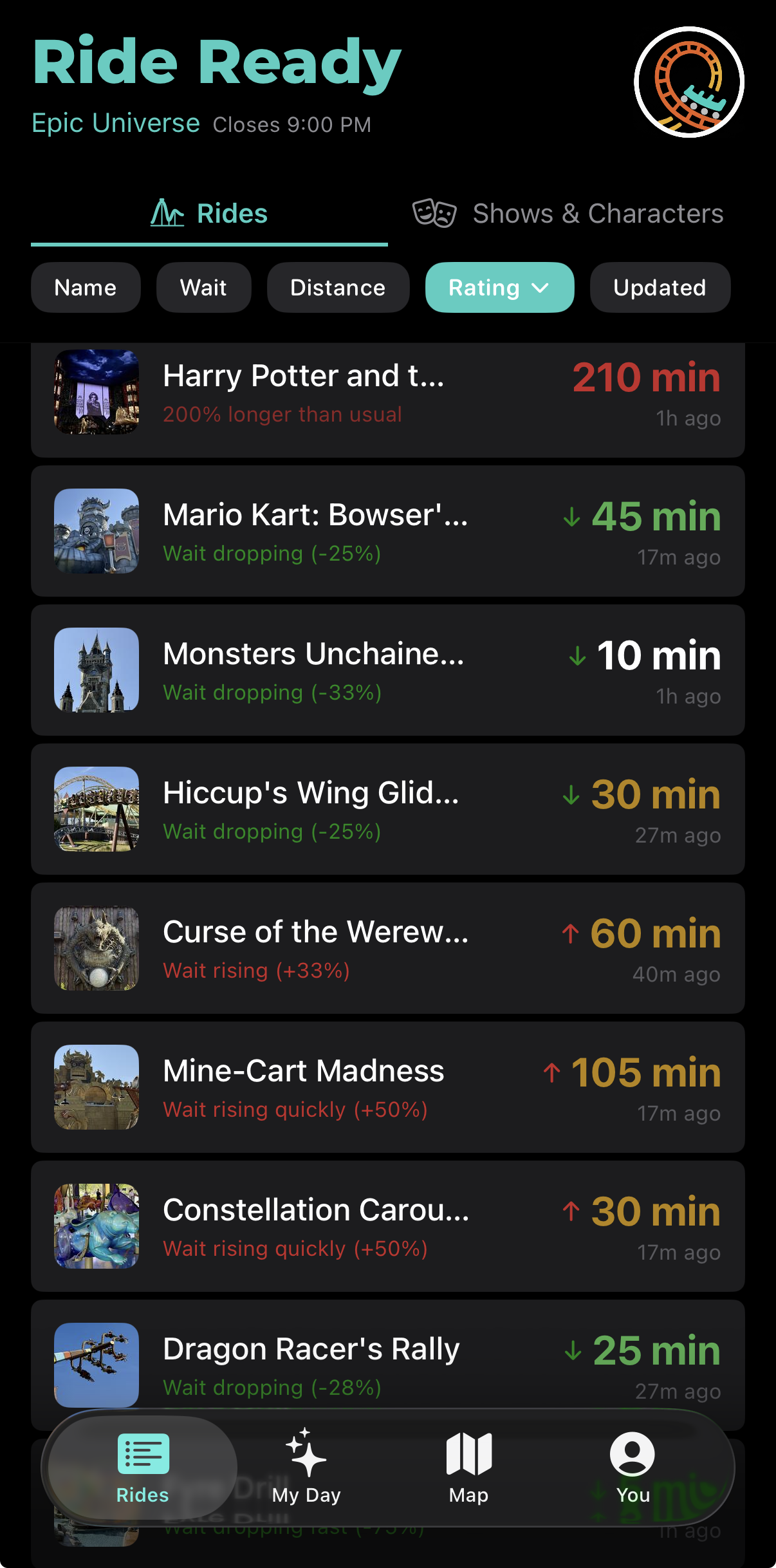 Ride Ready rides list with live wait times