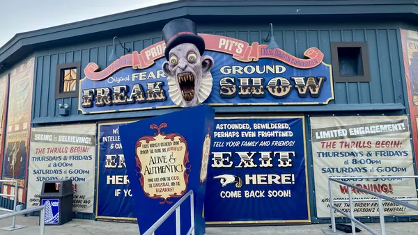 Fearground Freak Show building at Cedar Point covered in painted circus sideshow banners