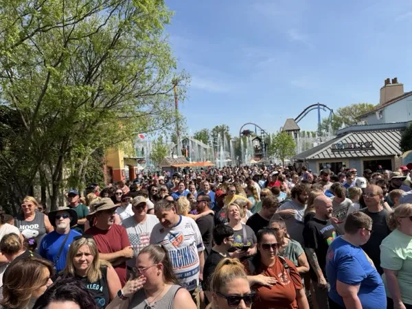 Crowd waiting at the Phantom Theater entrance during the April 17, 2026 passholder preview at Kings Island