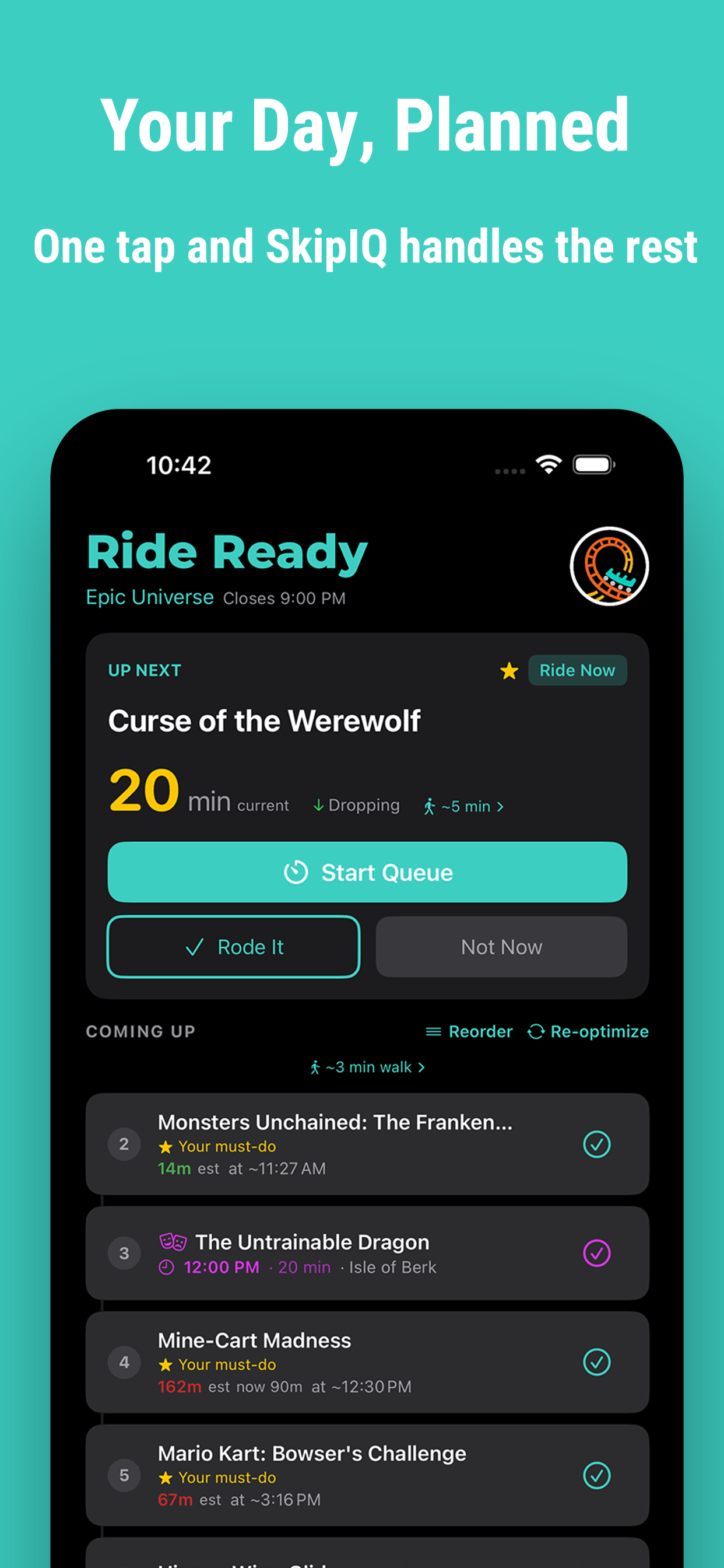 SkipIQ AI day planner with ride-by-ride schedule