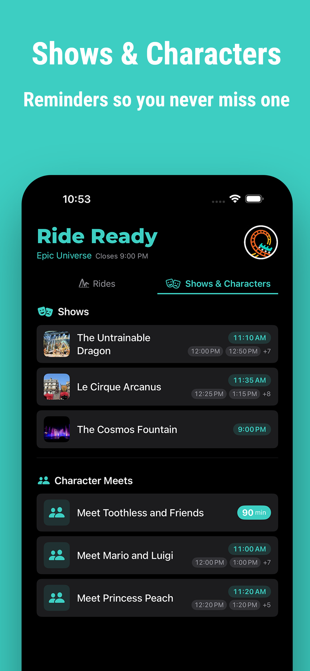 Show times and character meet schedules